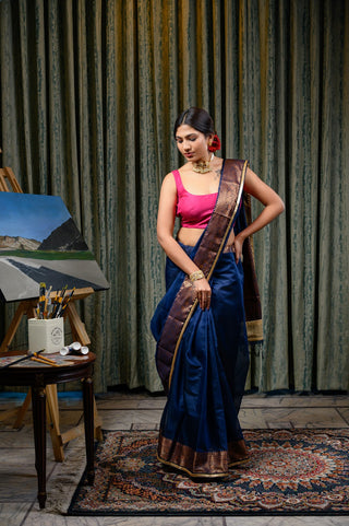 Blue & Golden Chanderi Silk Saree