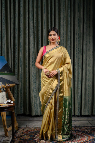 Beige & Green Banarasi Silk Saree