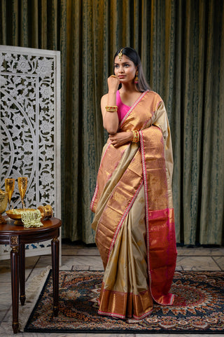 Beige & Pink Banarasi Silk Saree