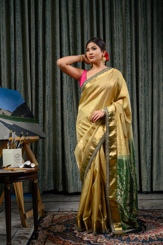 Beige & Green Banarasi Silk Saree