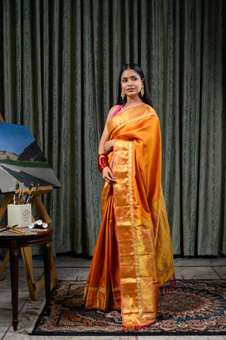 Mustard & Pink Banarasi Silk Saree