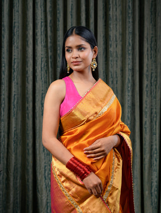 Mustard & Pink Banarasi Silk Saree