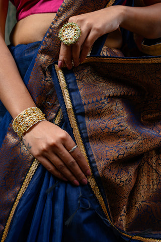 Blue & Golden Chanderi Silk Saree