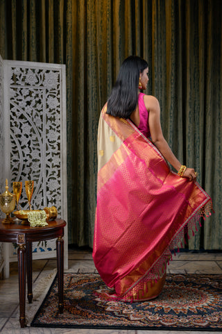 Beige & Pink Banarasi Silk Saree