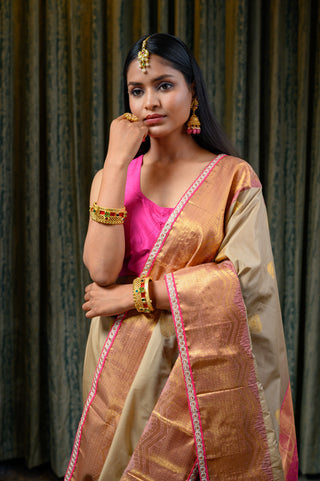 Beige & Pink Banarasi Silk Saree