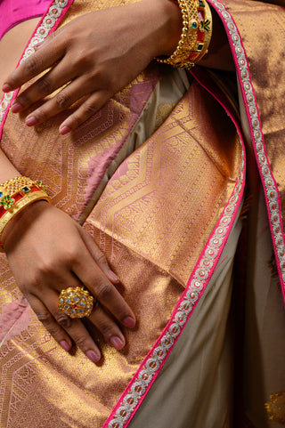 Beige & Pink Banarasi Silk Saree