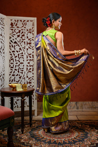 Parrot Green & Blue Banarasi Silk Saree
