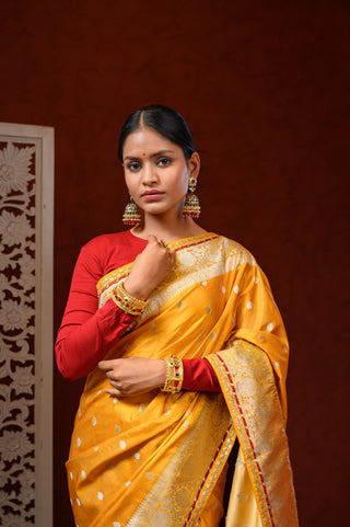 Mustard & Maroon Banarasi Silk Saree