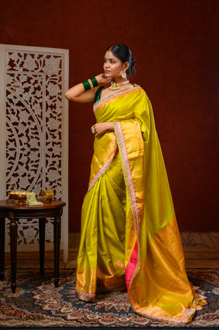 Saree with Blouse (Parrot Green & Pink)