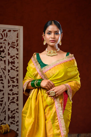 Saree with Blouse (Parrot Green & Pink)