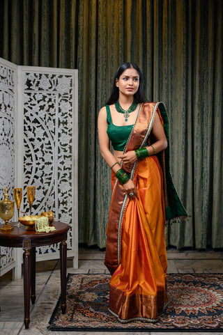 Orange & Green Banarasi Silk Saree