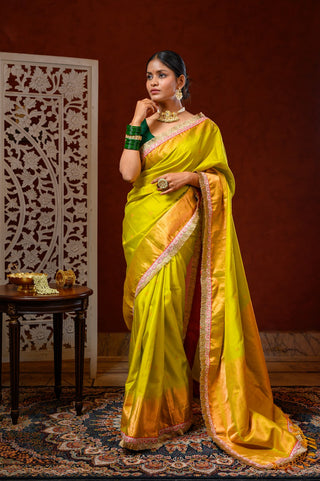 Saree with Blouse (Parrot Green & Pink)